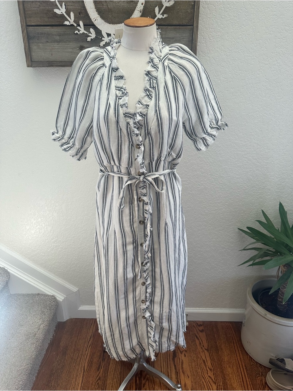 Anthropologie‎ Pilcro Striped Linen blend Button Front Midi Dress size 10 NWT